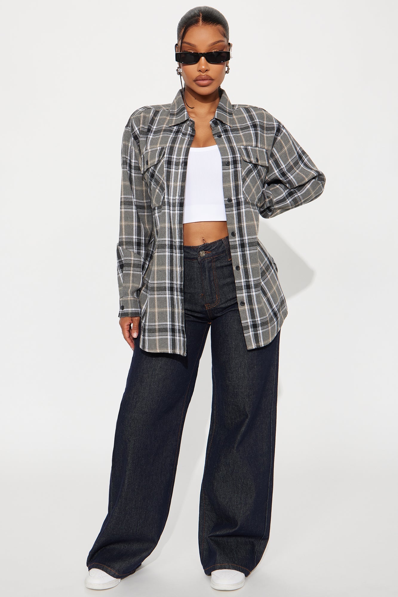 Pull Up Flannel Plaid Shirt - Grey/combo