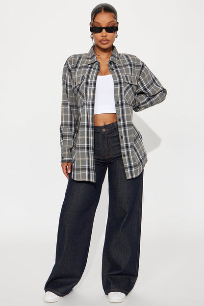 Pull Up Flannel Plaid Shirt - Grey/combo