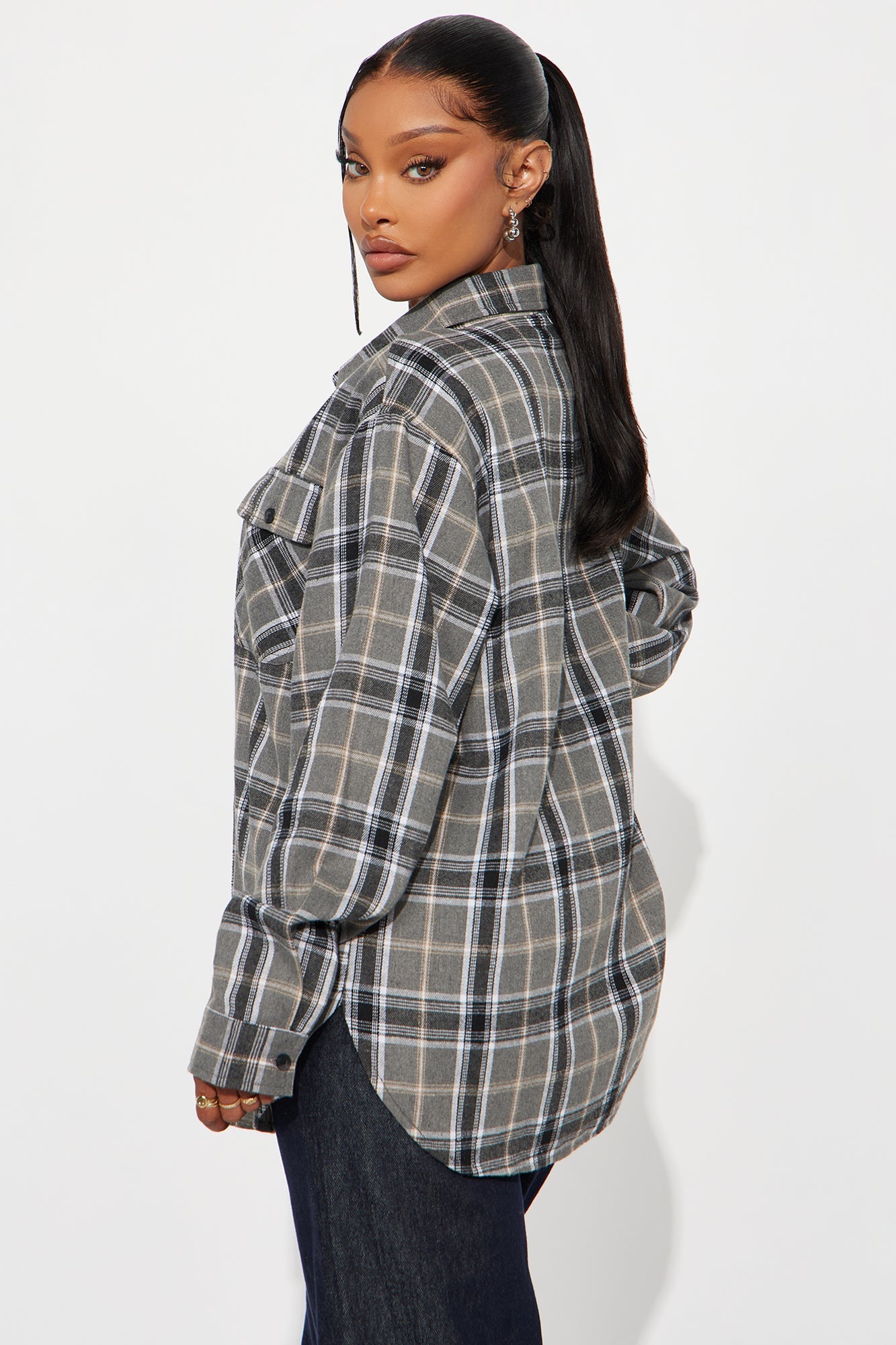 Pull Up Flannel Plaid Shirt - Grey/combo