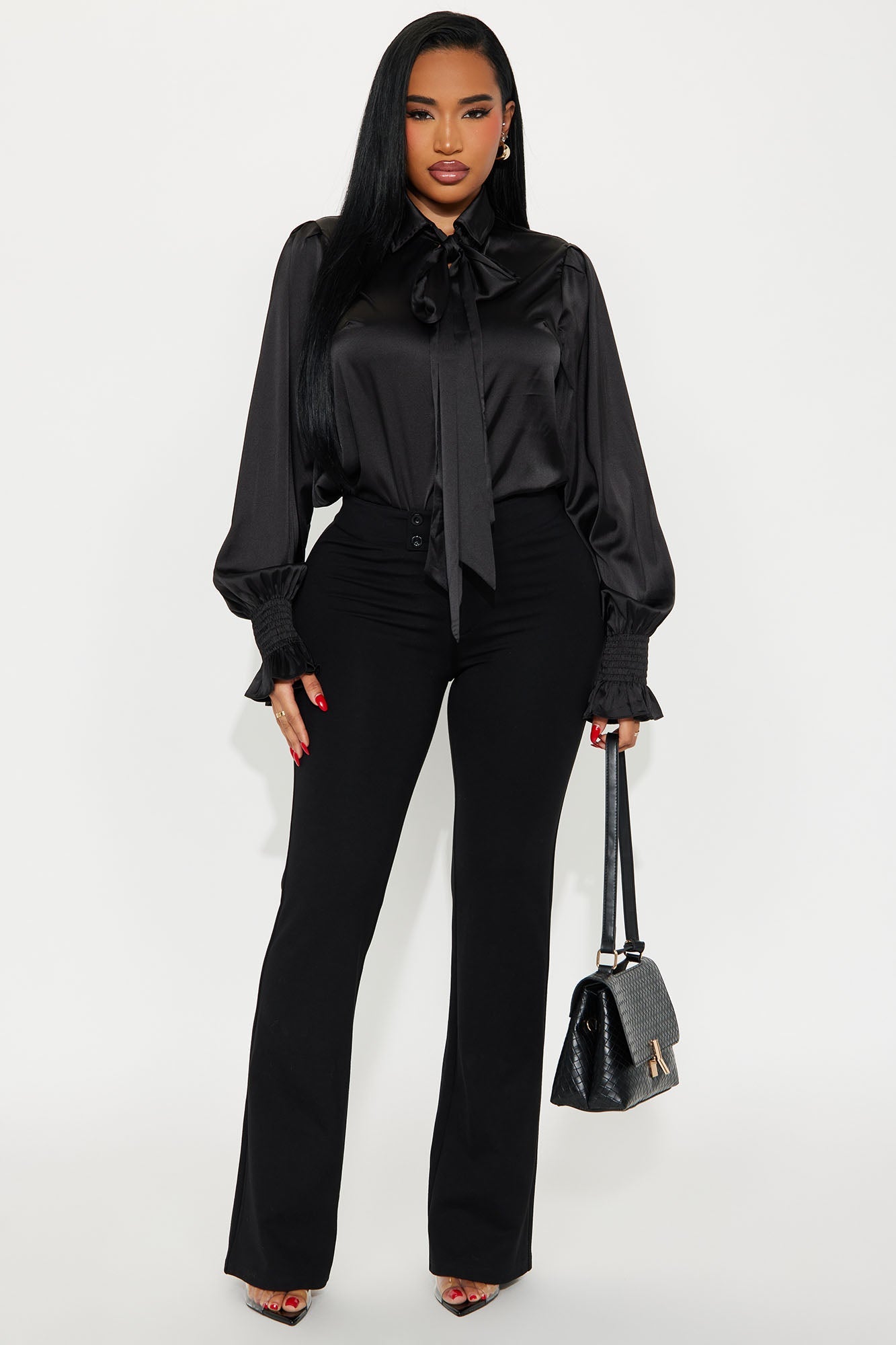 Satin Glow Bow Tie Blouse - Black