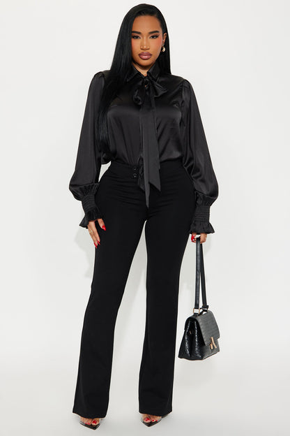 Satin Glow Bow Tie Blouse - Black