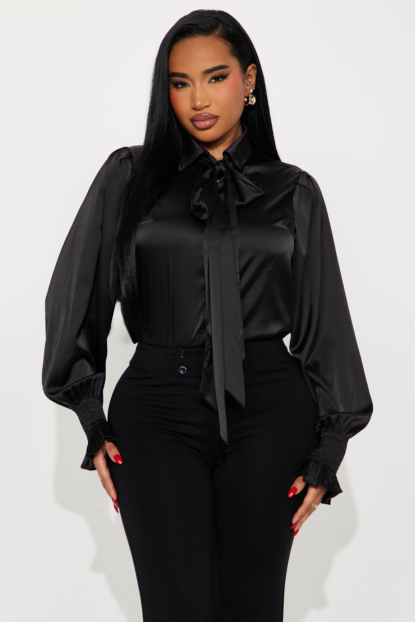 Satin Glow Bow Tie Blouse - Black
