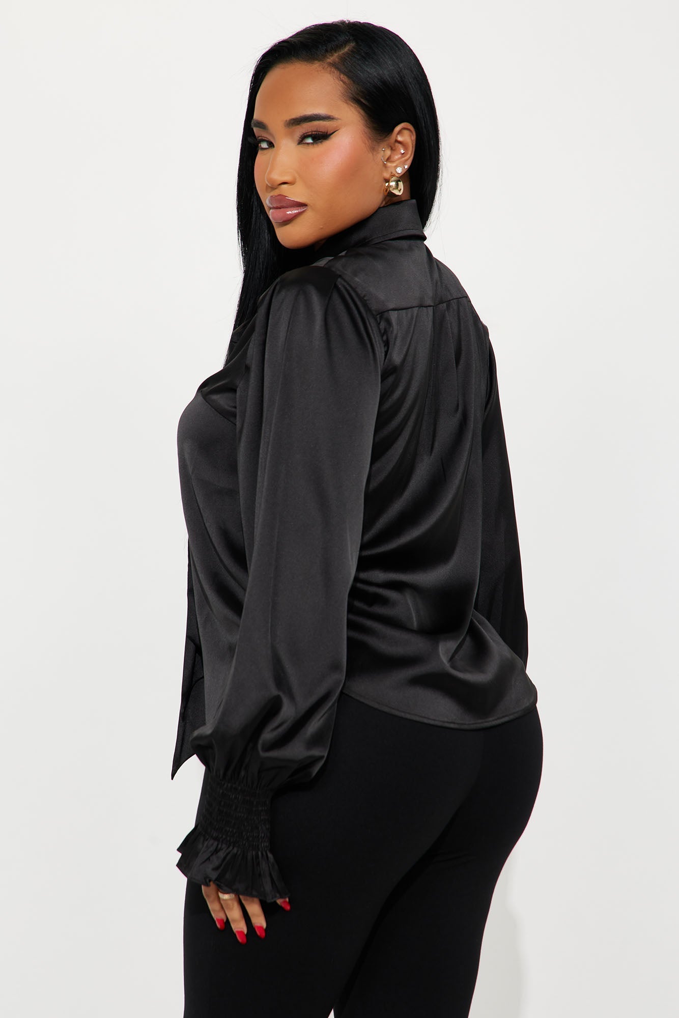 Satin Glow Bow Tie Blouse - Black
