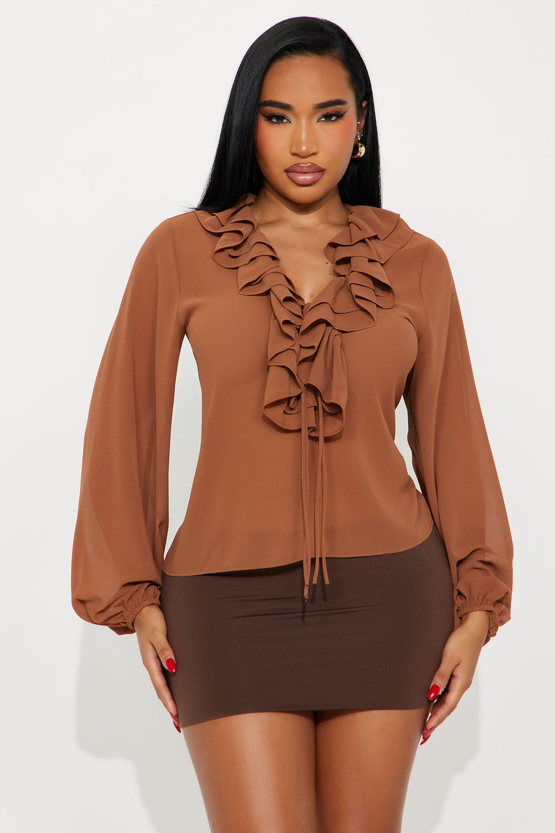 Living For This Ruffle Chiffon Blouse - Mocha