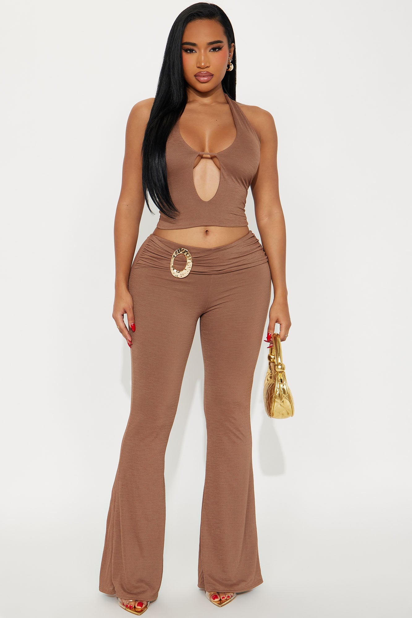 Kiana Halter Textured Pant Set - Brown