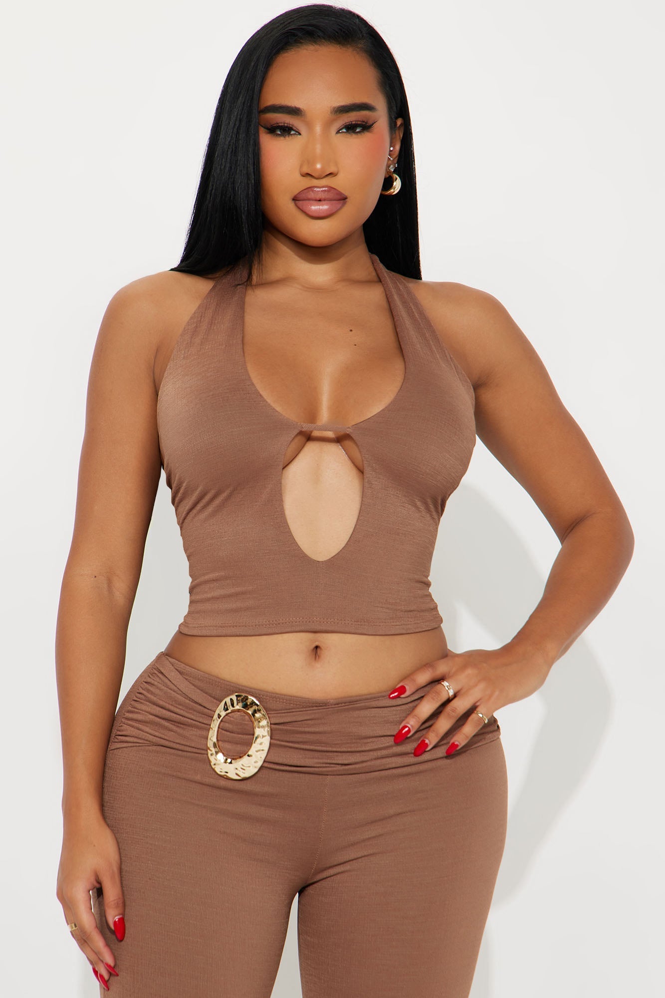 Kiana Halter Textured Pant Set - Brown