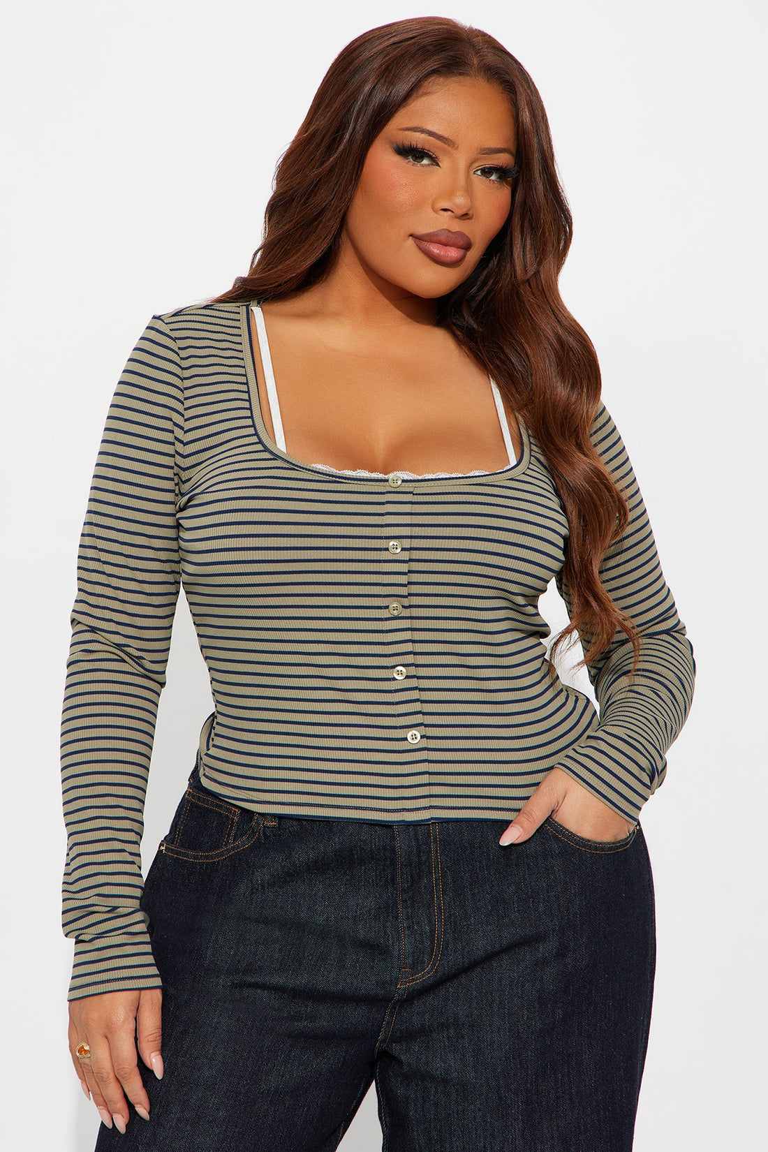 Channa Striped Ribbed Long Sleeve Top - Olive/combo