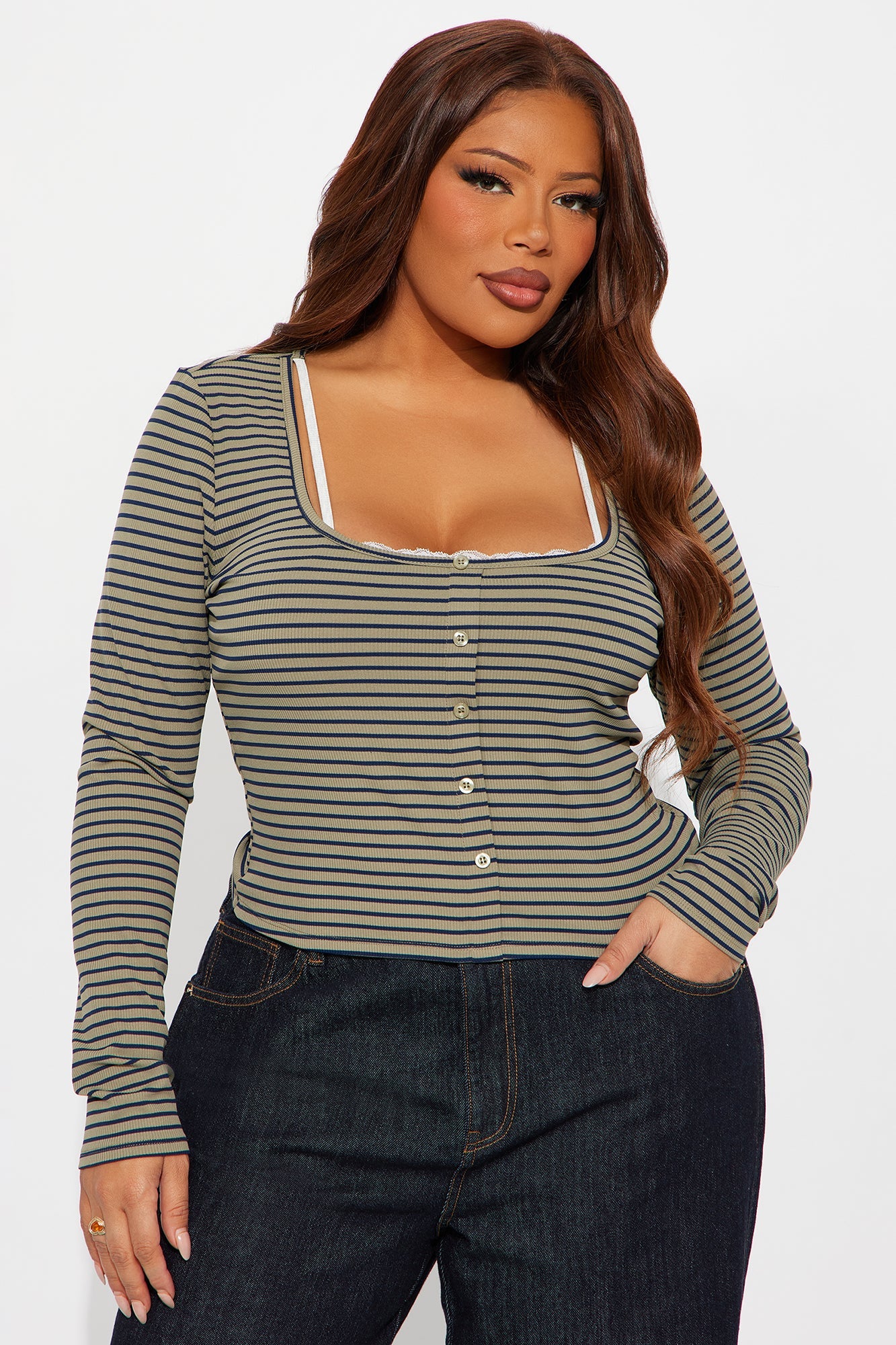 Channa Striped Ribbed Long Sleeve Top - Olive/combo