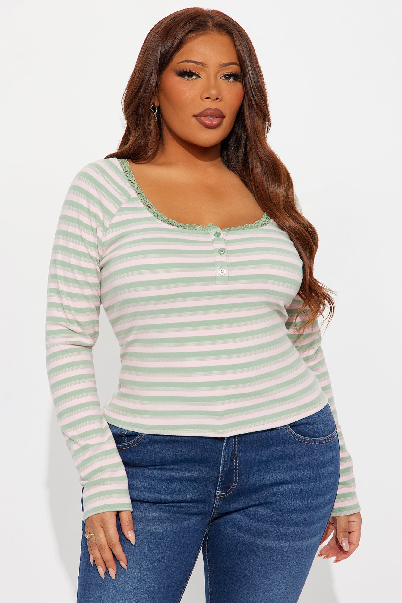 Myrtie Long Sleeve Henley Top - Pink/combo