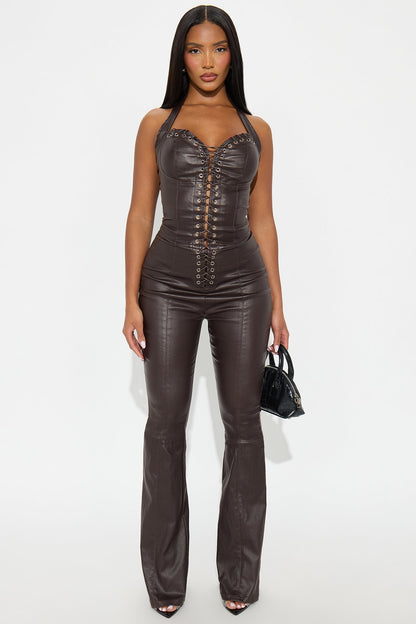 Bad Behavior Faux Leather Halter Jumpsuit - Chocolate