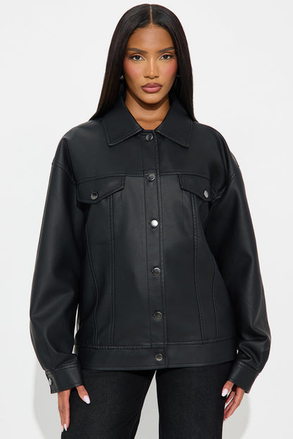 Mila Oversized Faux Leather Jacket - Black