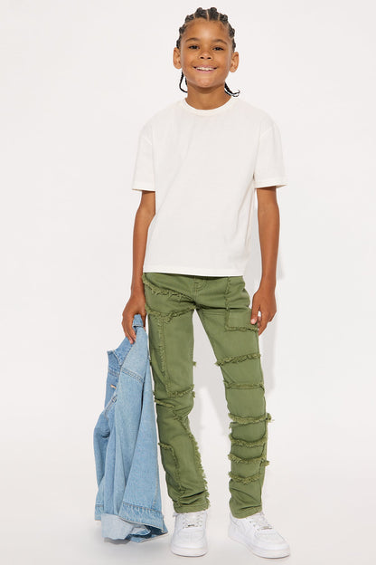 Mini Paneled Frayed Stacked Skinny Pants - Olive
