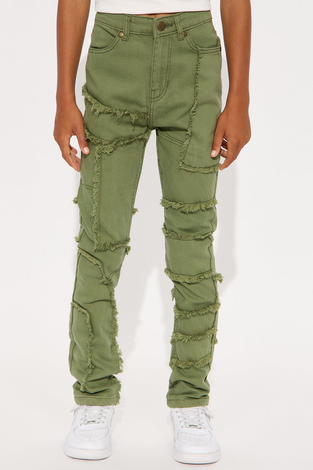 Mini Paneled Frayed Stacked Skinny Pants - Olive