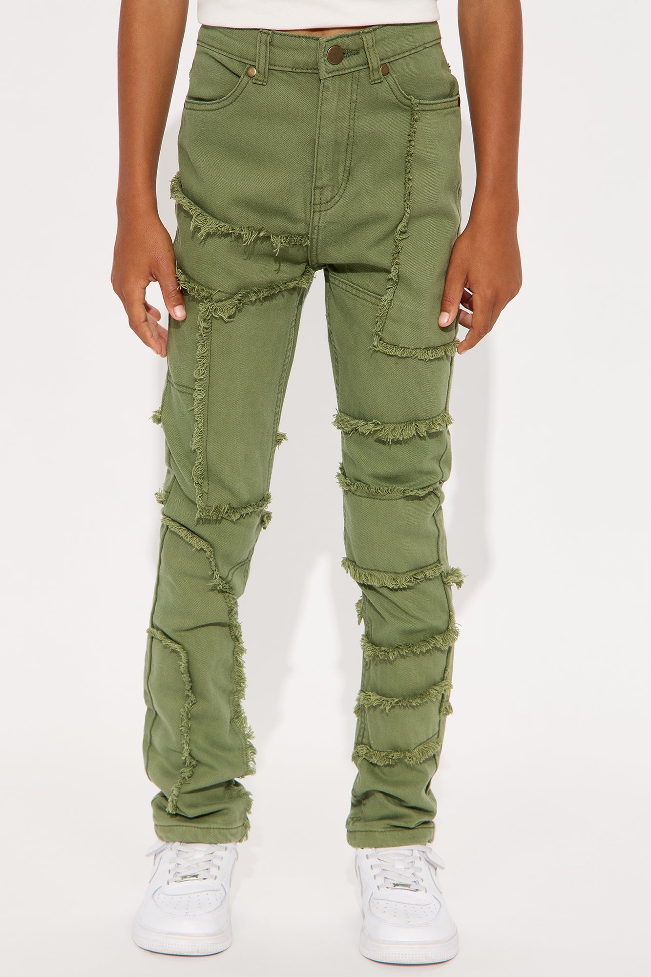 Mini Paneled Frayed Stacked Skinny Pants - Olive