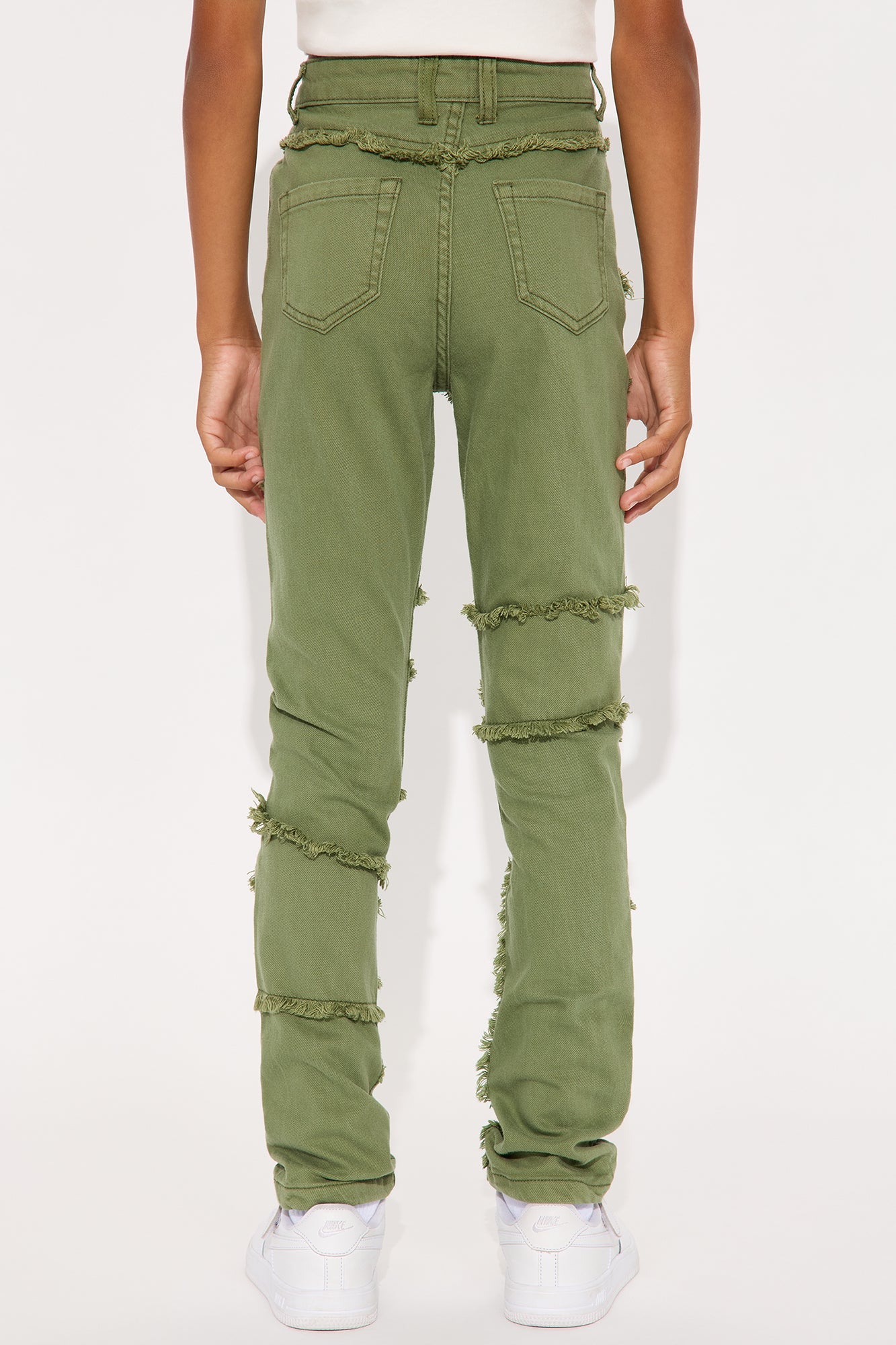 Mini Paneled Frayed Stacked Skinny Pants - Olive