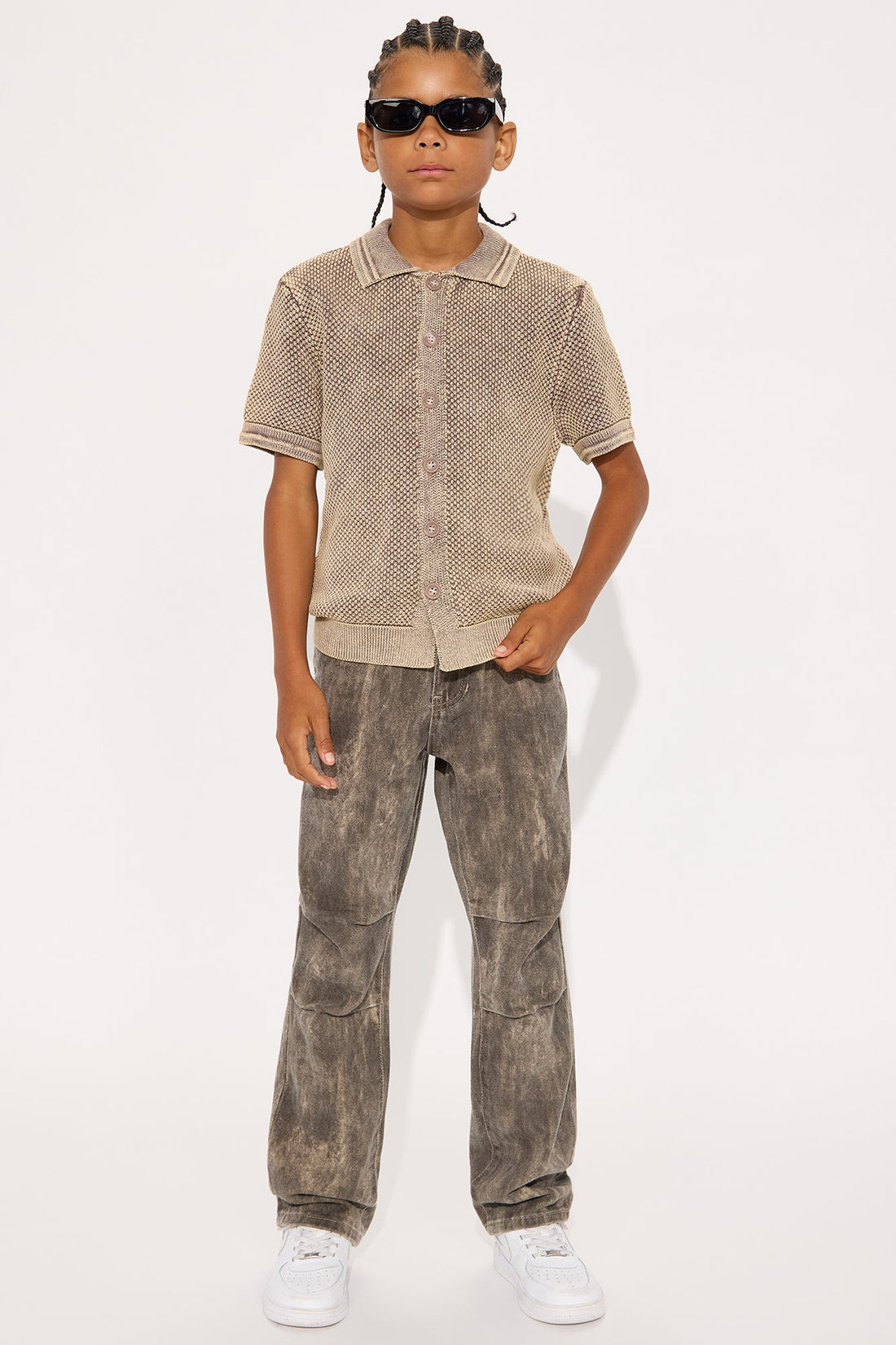 Mini Washed Short Sleeve Button Up - Brown/combo