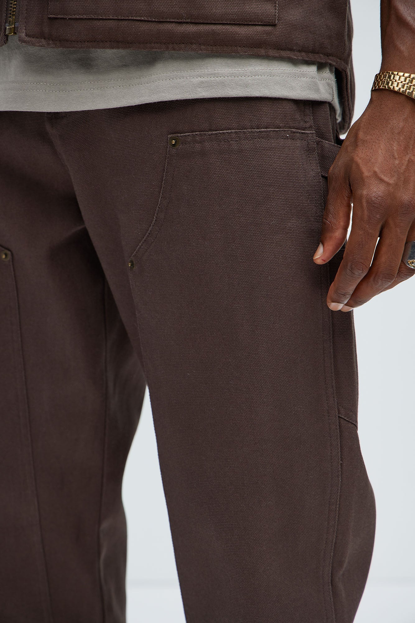 Alexander Double Knee Straight Utility Canvas Pants - Brown