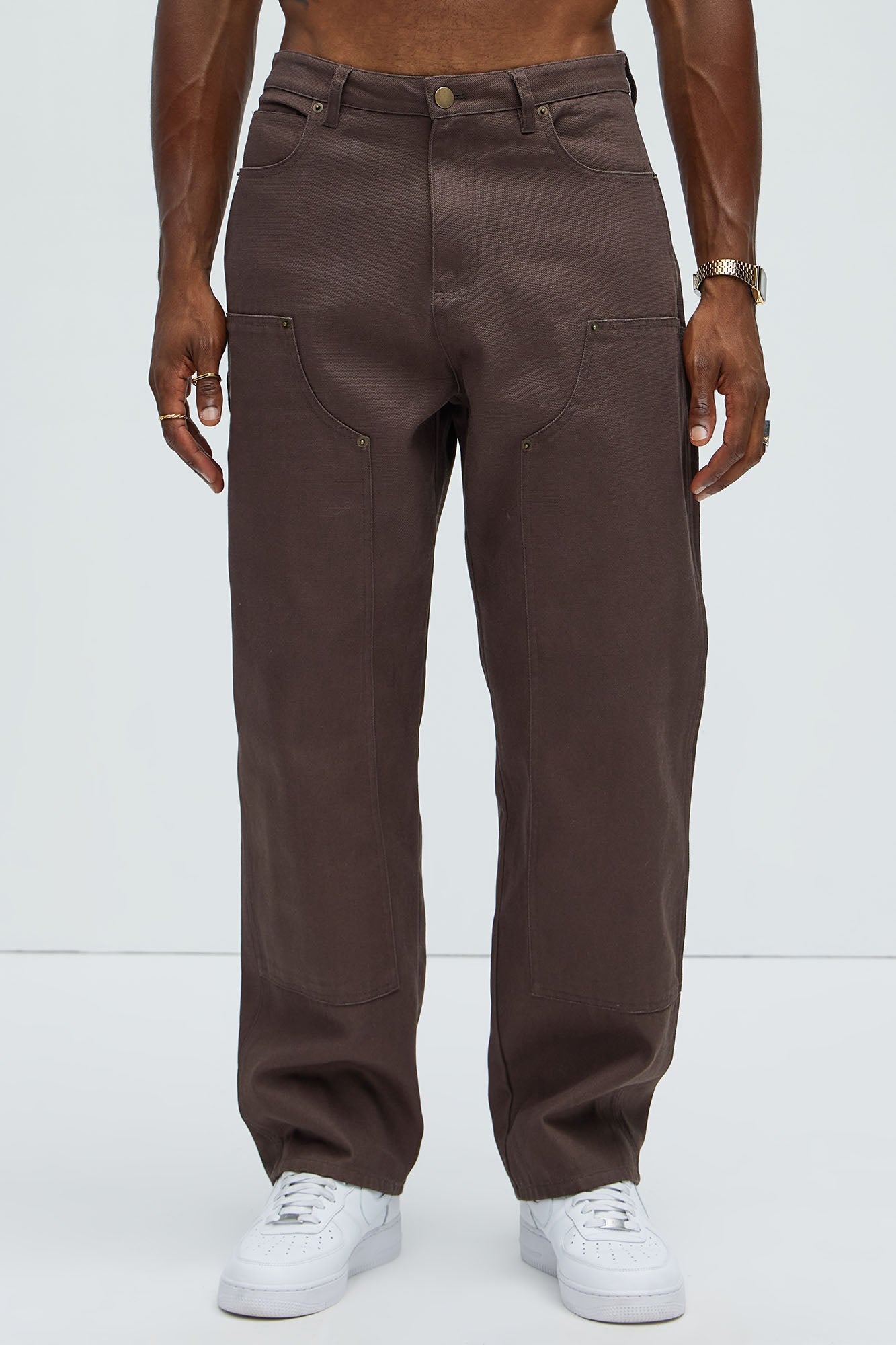 Alexander Double Knee Straight Utility Canvas Pants - Brown