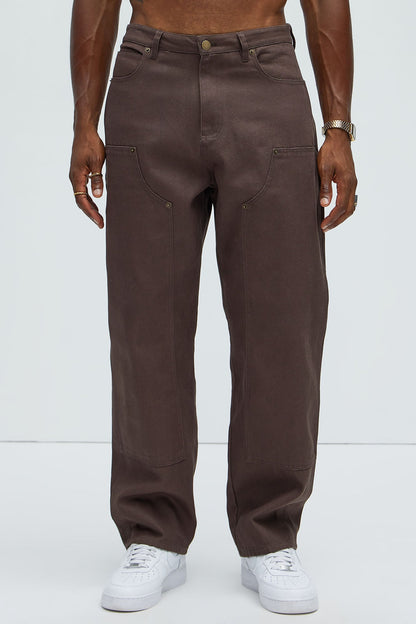 Alexander Double Knee Straight Utility Canvas Pants - Brown