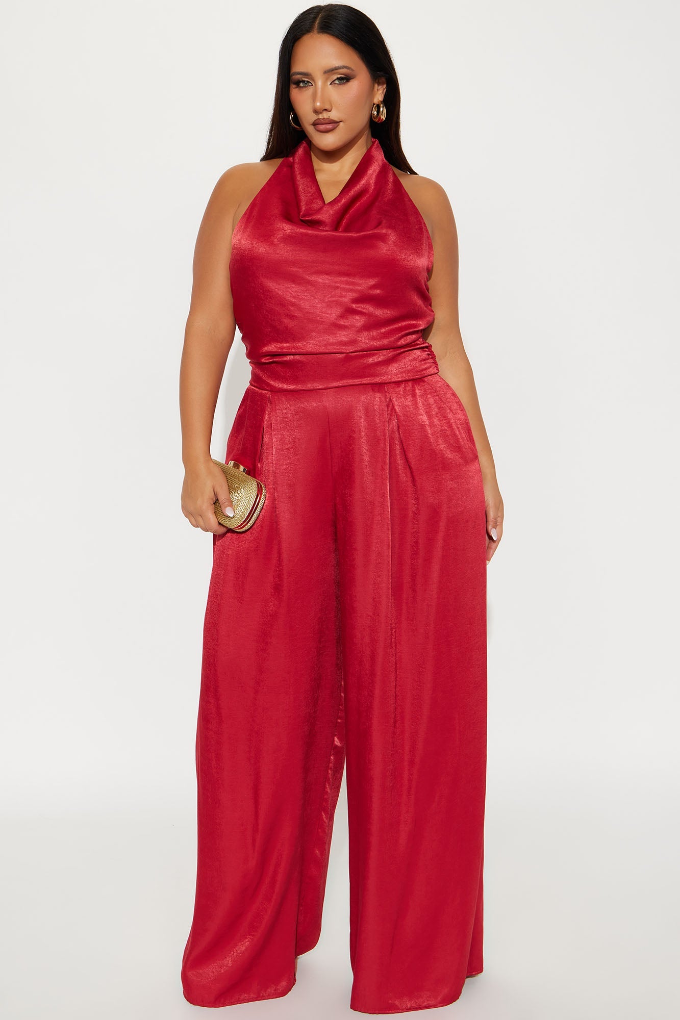 Invite Only Satin Wide Leg Jumpsuit - Red