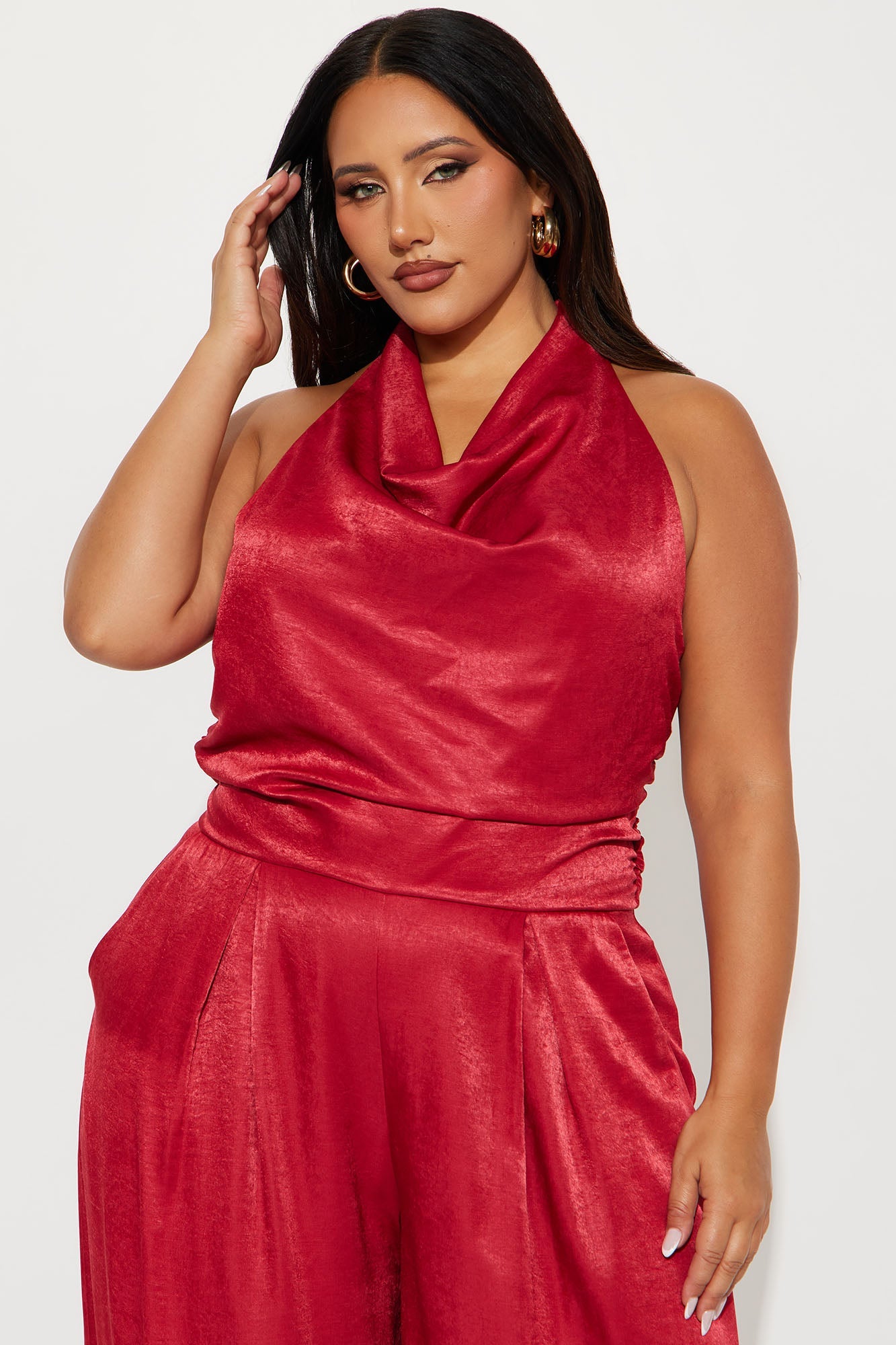Invite Only Satin Wide Leg Jumpsuit - Red