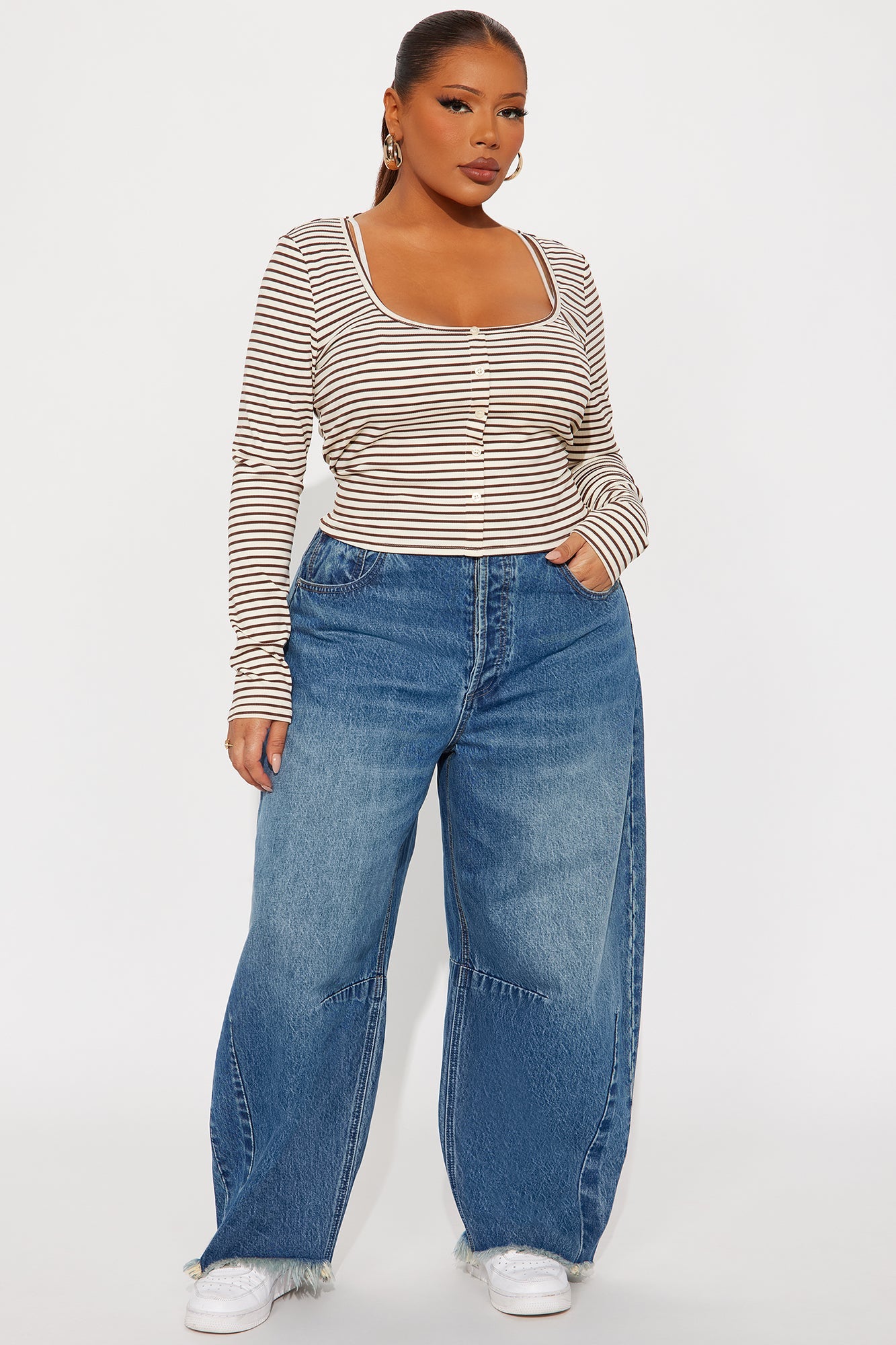 Channa Striped Ribbed Long Sleeve Top - Burgundy/combo