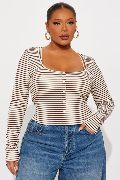 Channa Striped Ribbed Long Sleeve Top - Burgundy/combo