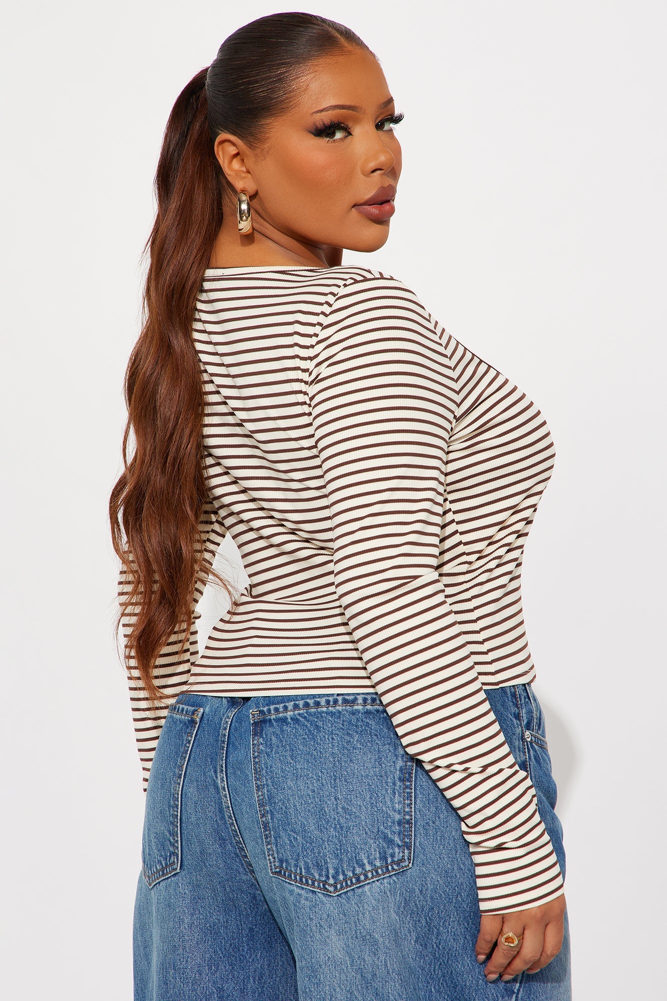 Channa Striped Ribbed Long Sleeve Top - Burgundy/combo