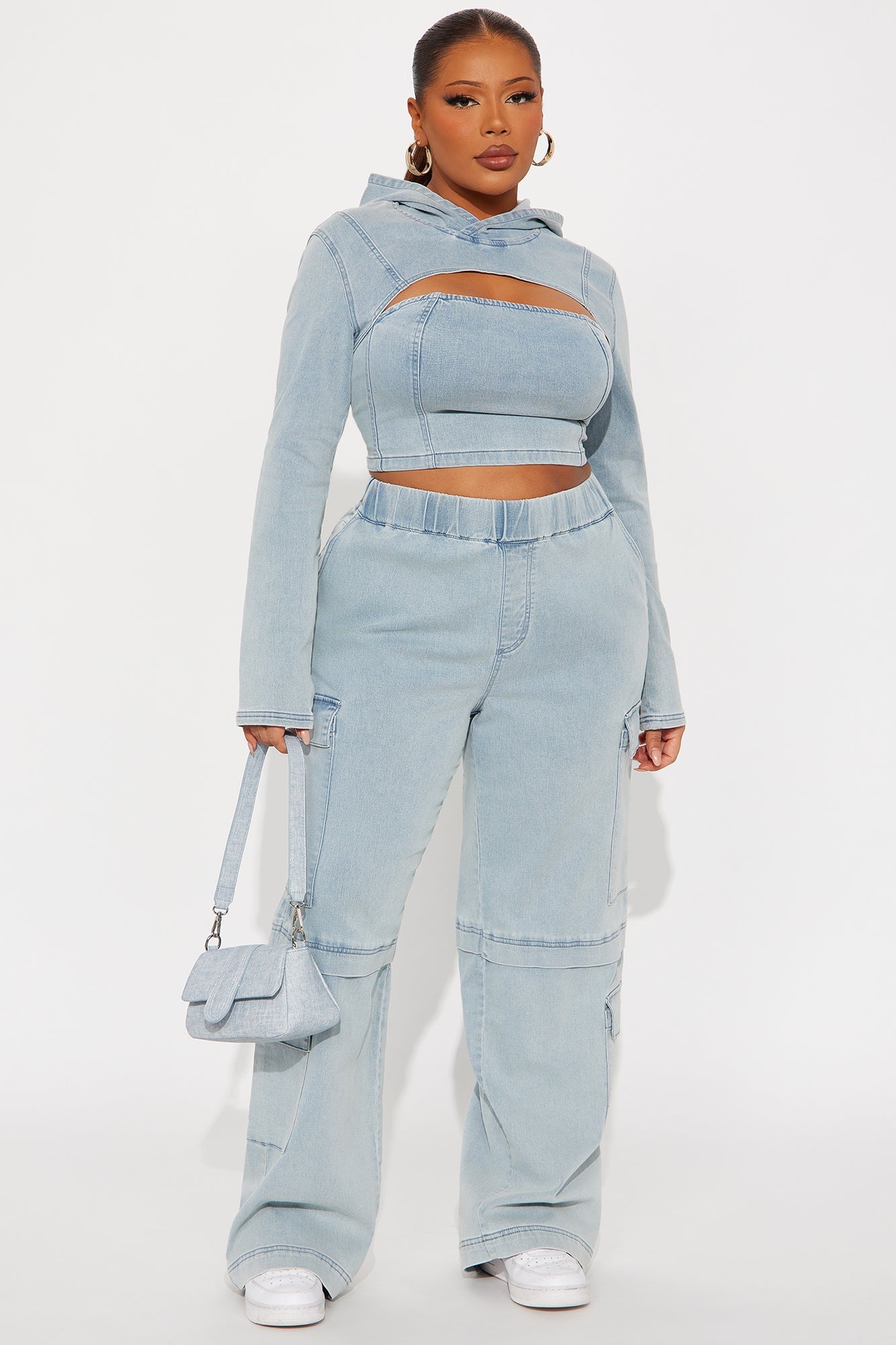 Leylah Denim Cargo Pant Set - Light Wash