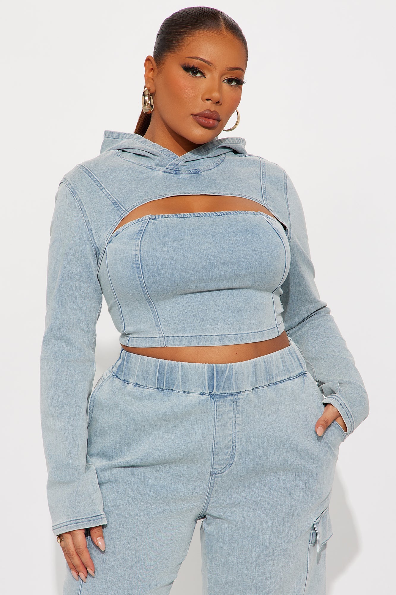 Leylah Denim Cargo Pant Set - Light Wash