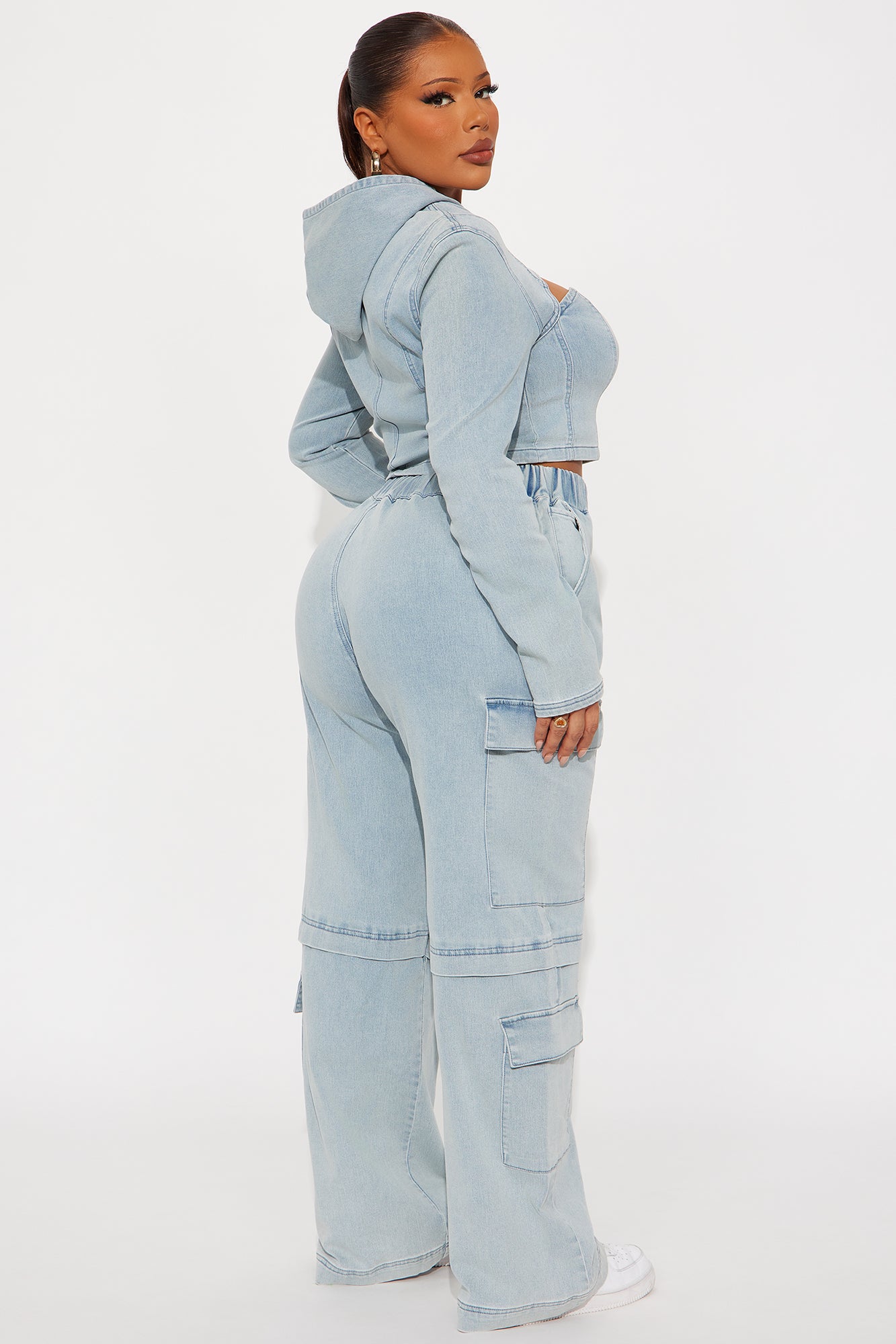 Leylah Denim Cargo Pant Set - Light Wash