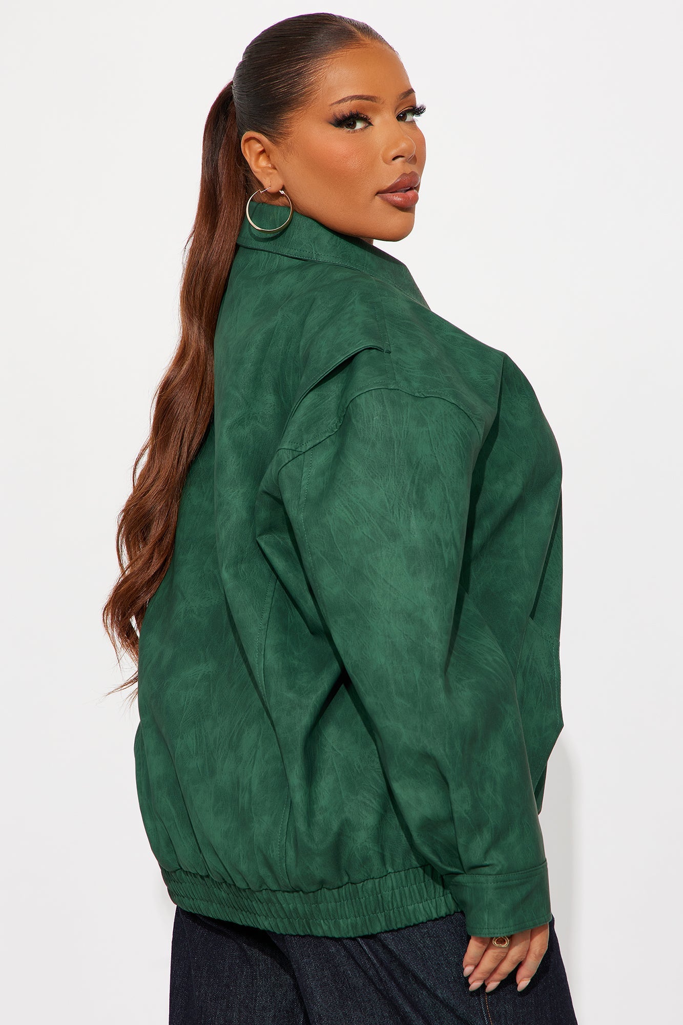 Alexis Washed Faux Leather Bomber Jacket - Hunter Green