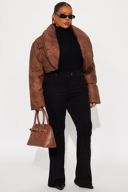 Cloud Hopping Faux Leather Puffer Jacket - Brown