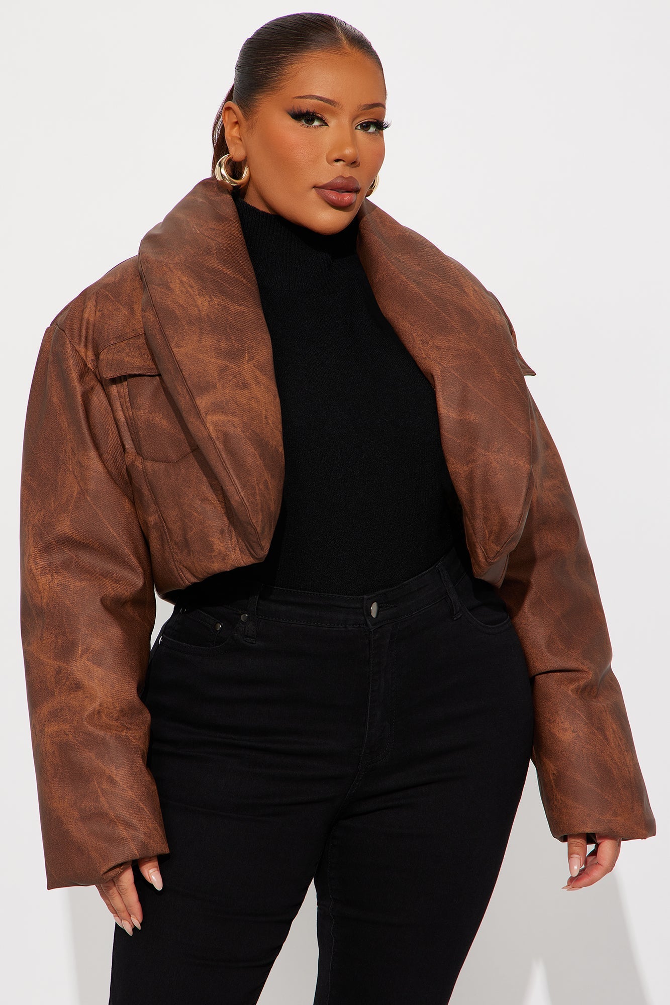 Cloud Hopping Faux Leather Puffer Jacket - Brown