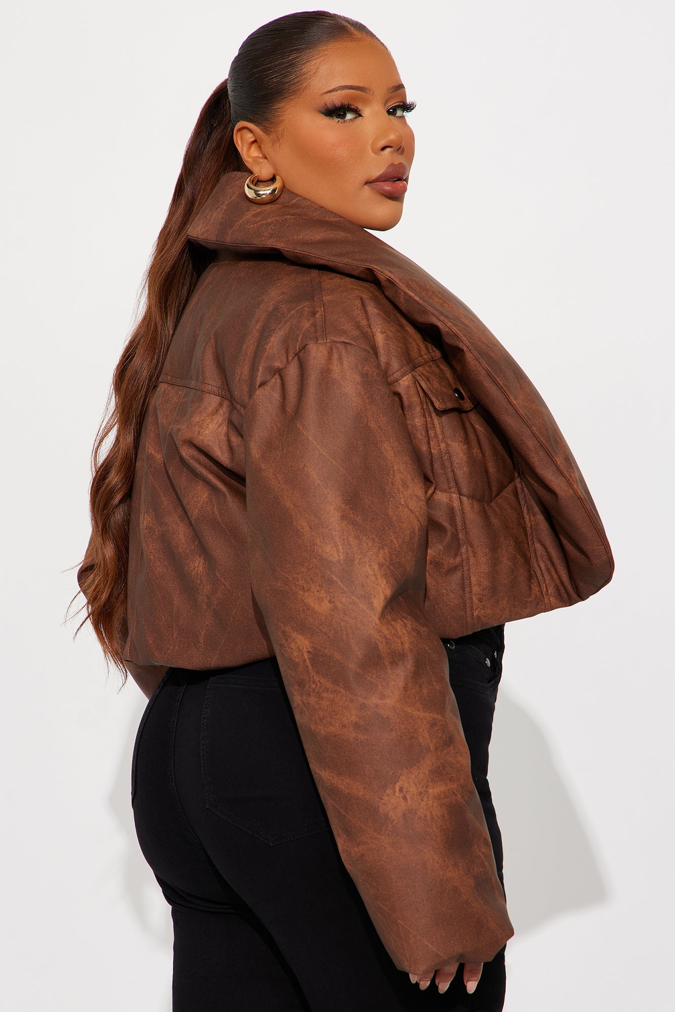 Cloud Hopping Faux Leather Puffer Jacket - Brown