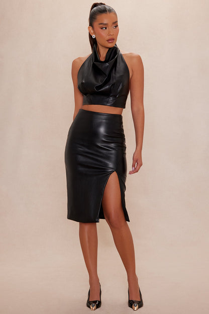 Kendra Faux Leather Midi Skirt - Black