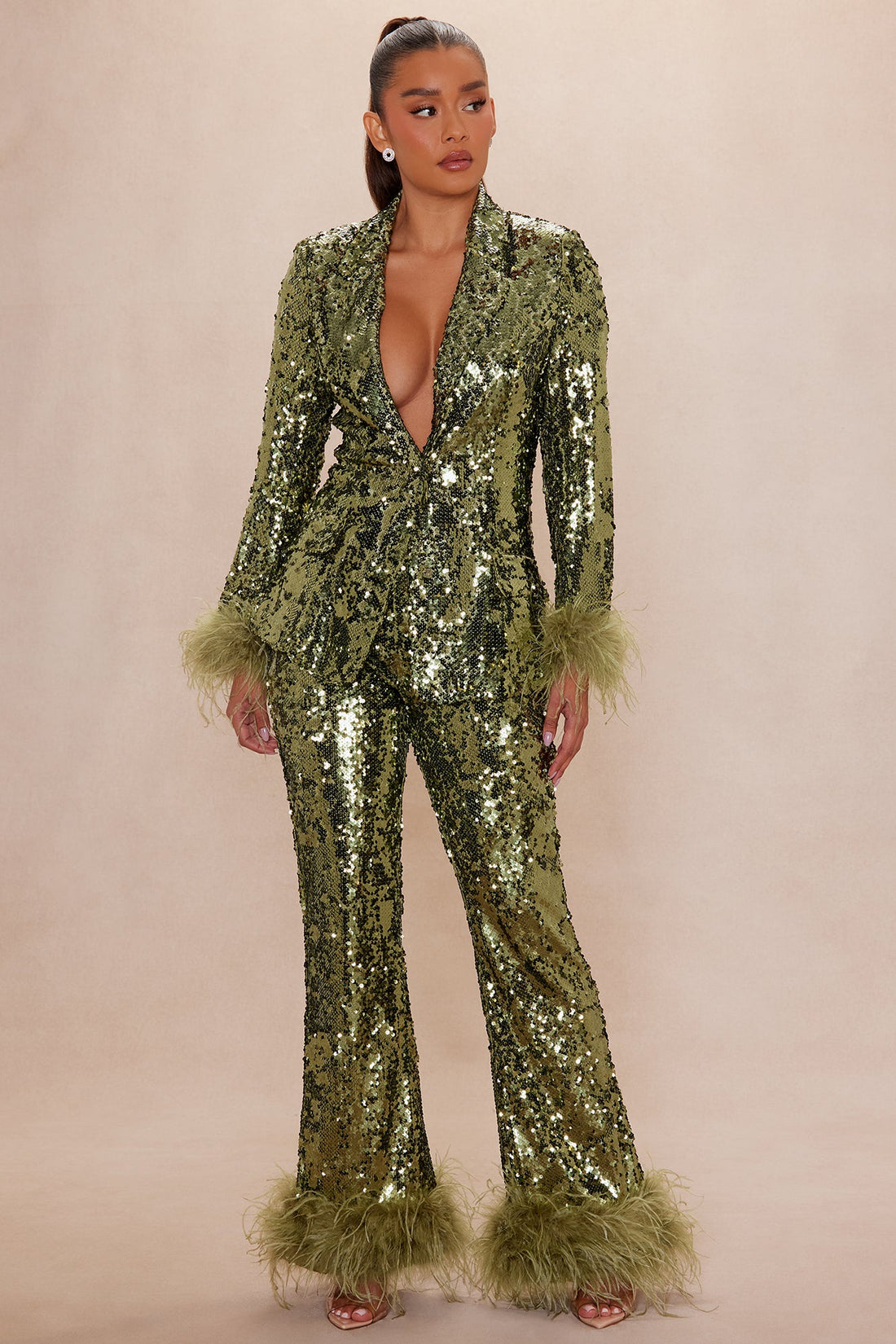 Dania Sequin Feather Pant - Olive