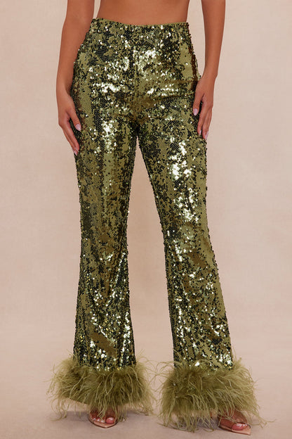 Dania Sequin Feather Pant - Olive