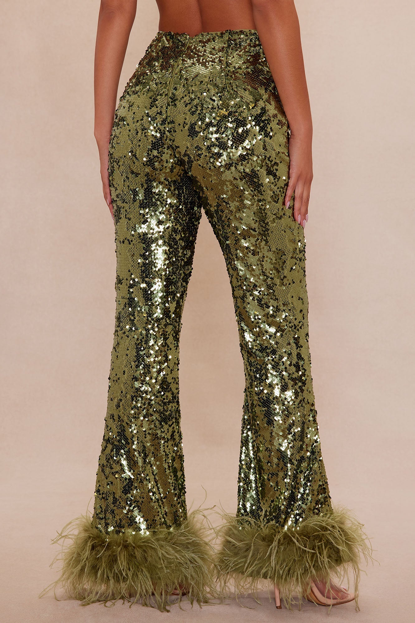 Dania Sequin Feather Pant - Olive