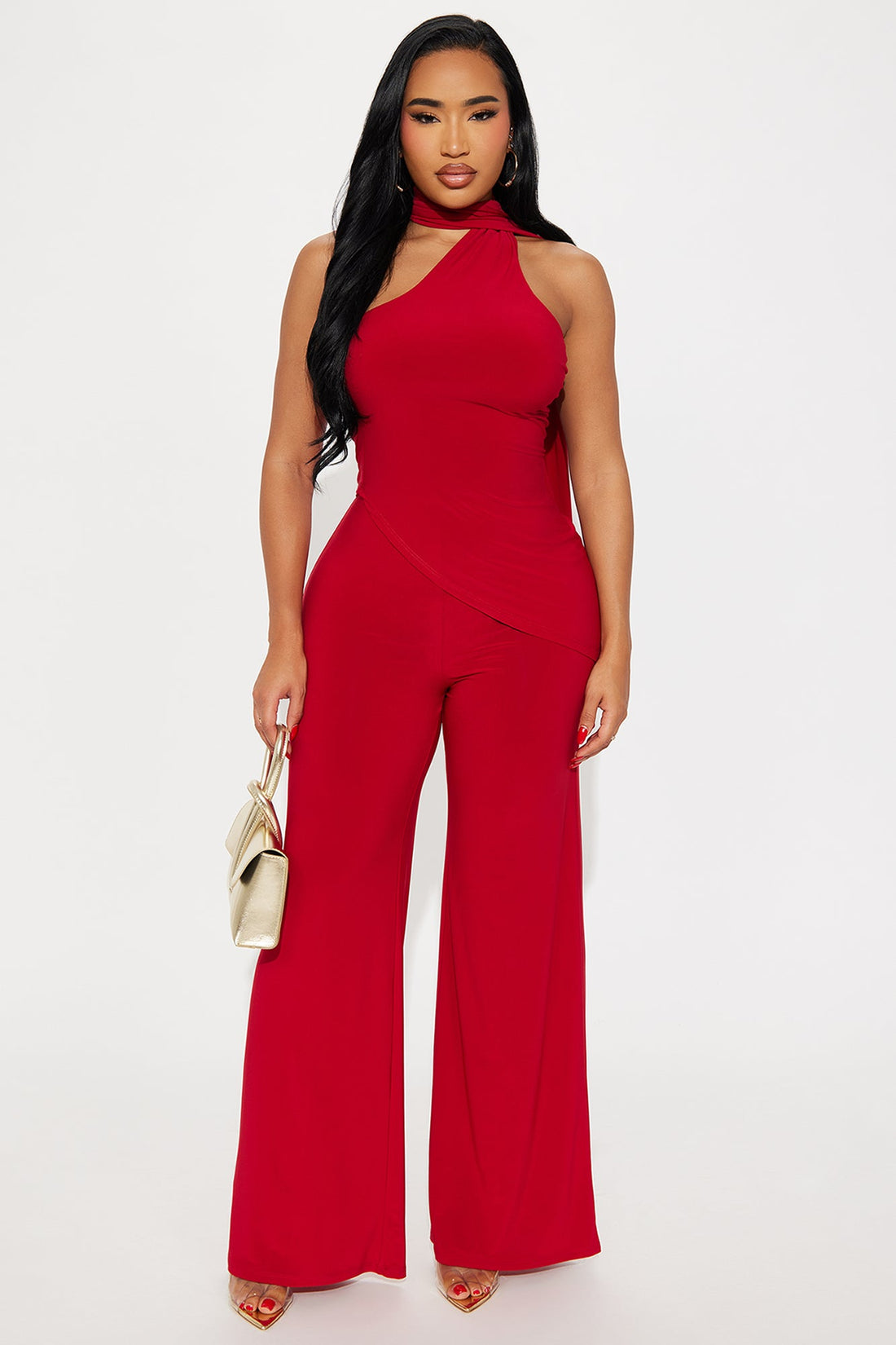 Valeria Asymmetrical Scarf Halter Pant Set - Red