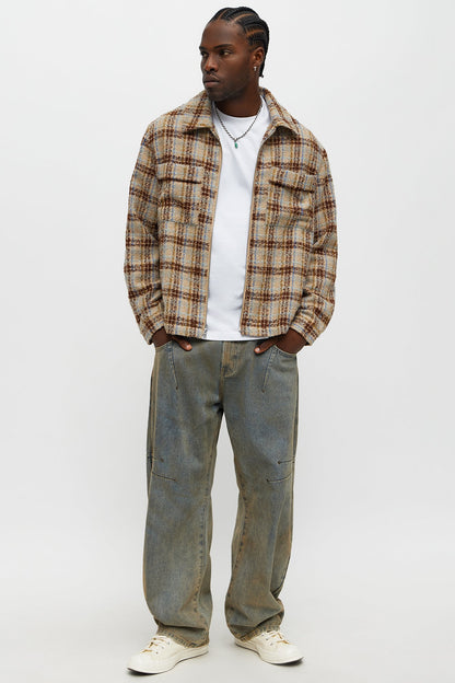 Textured Plaid Zip Jacket - Brown/combo