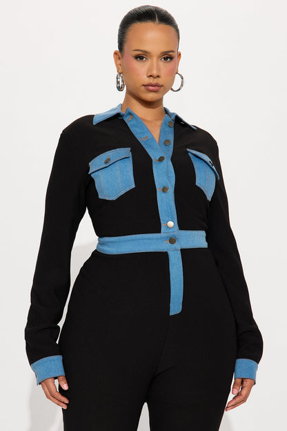 Over You Ribbed Long Sleeve Jumpsuit - Black/Blue
