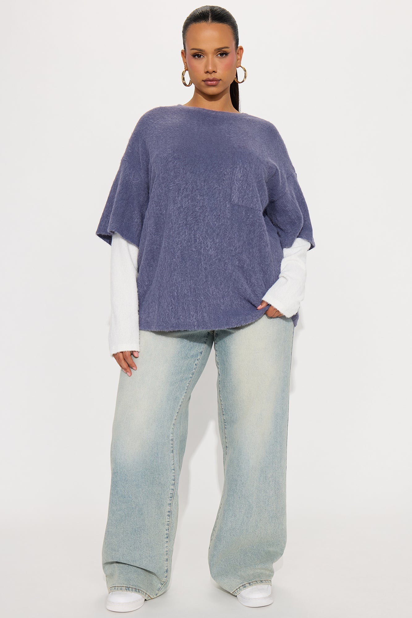 For The Thrill Layered Fuzzy Sweater - Navy/combo
