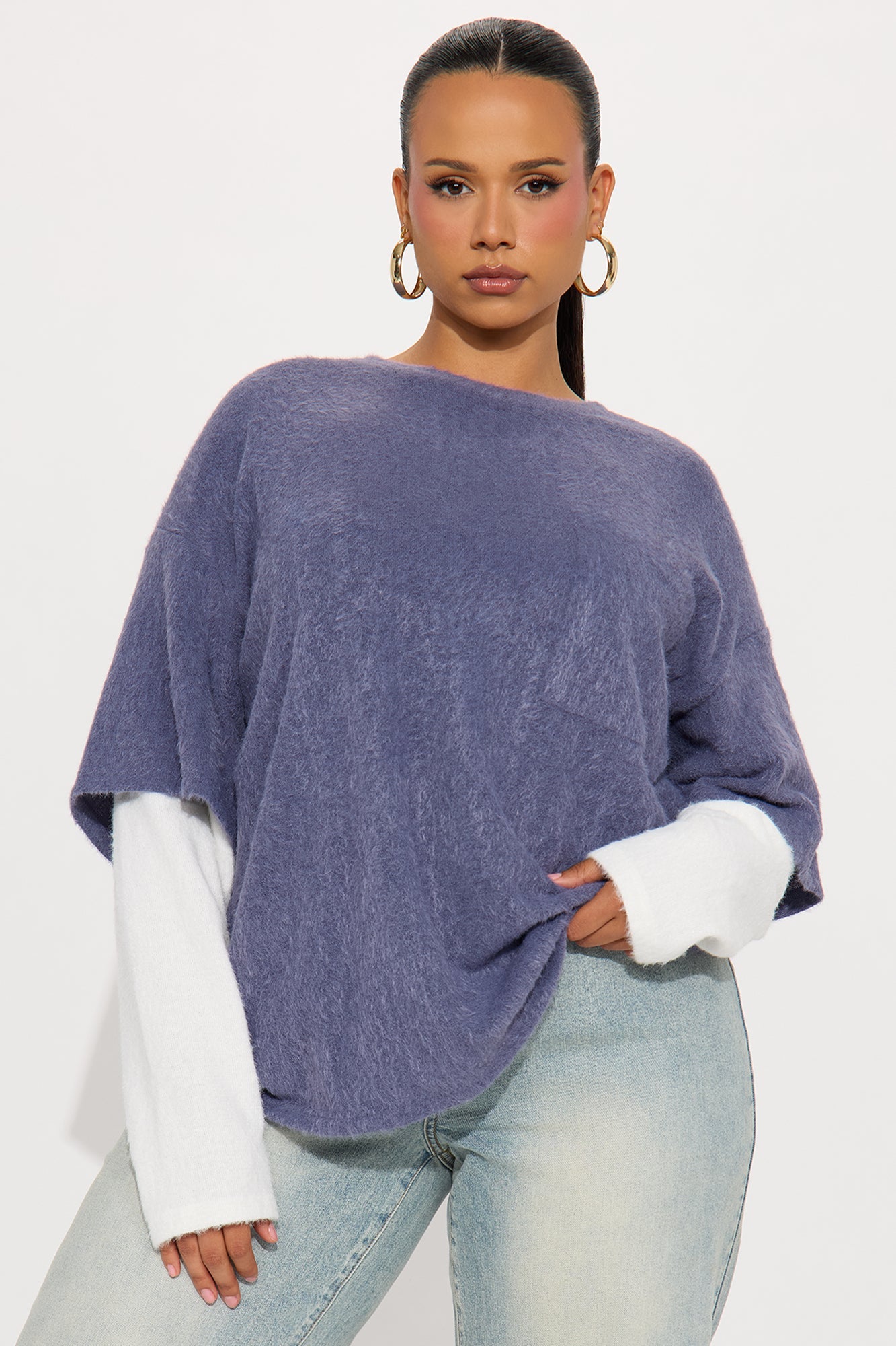 For The Thrill Layered Fuzzy Sweater - Navy/combo