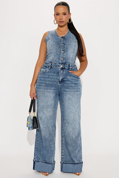 Zenaida Denim Wide Leg Jumpsuit - Medium Wash