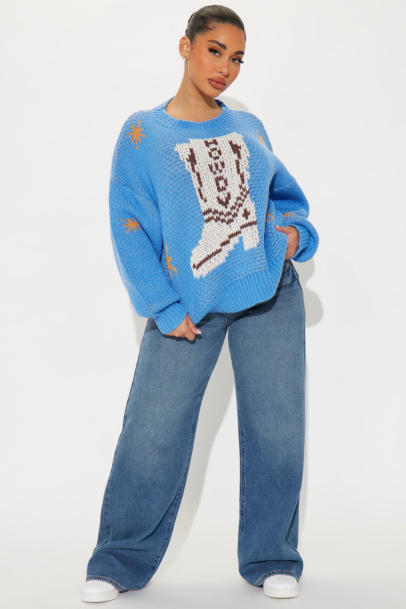 Howdy Cowboy Boot Sweater - Blue/combo