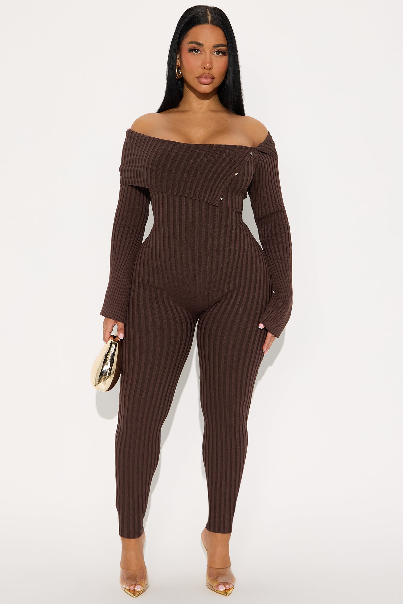 Melina Sweater Off Shoulder Skinny Leg Jumpsuit - Chocolate