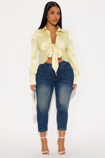 Wild Child Knotted Satin Blouse - Butter Yellow