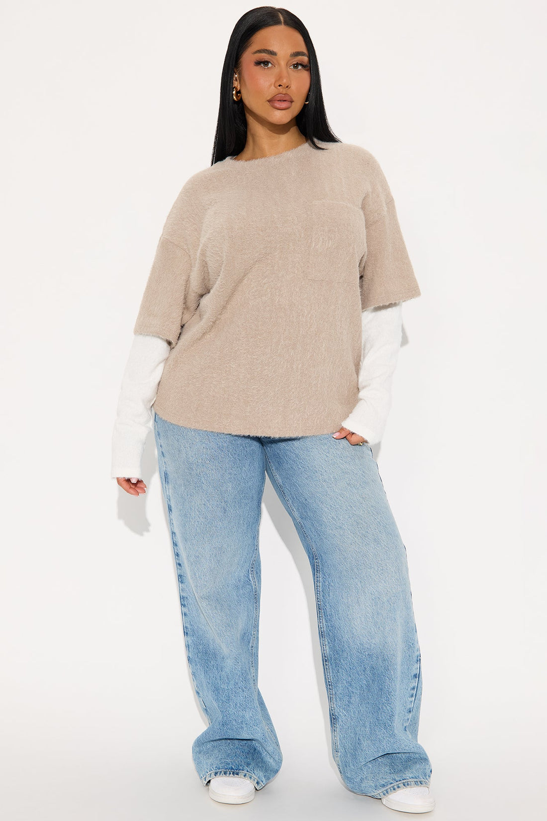 For The Thrill Layered Fuzzy Sweater - Taupe/combo