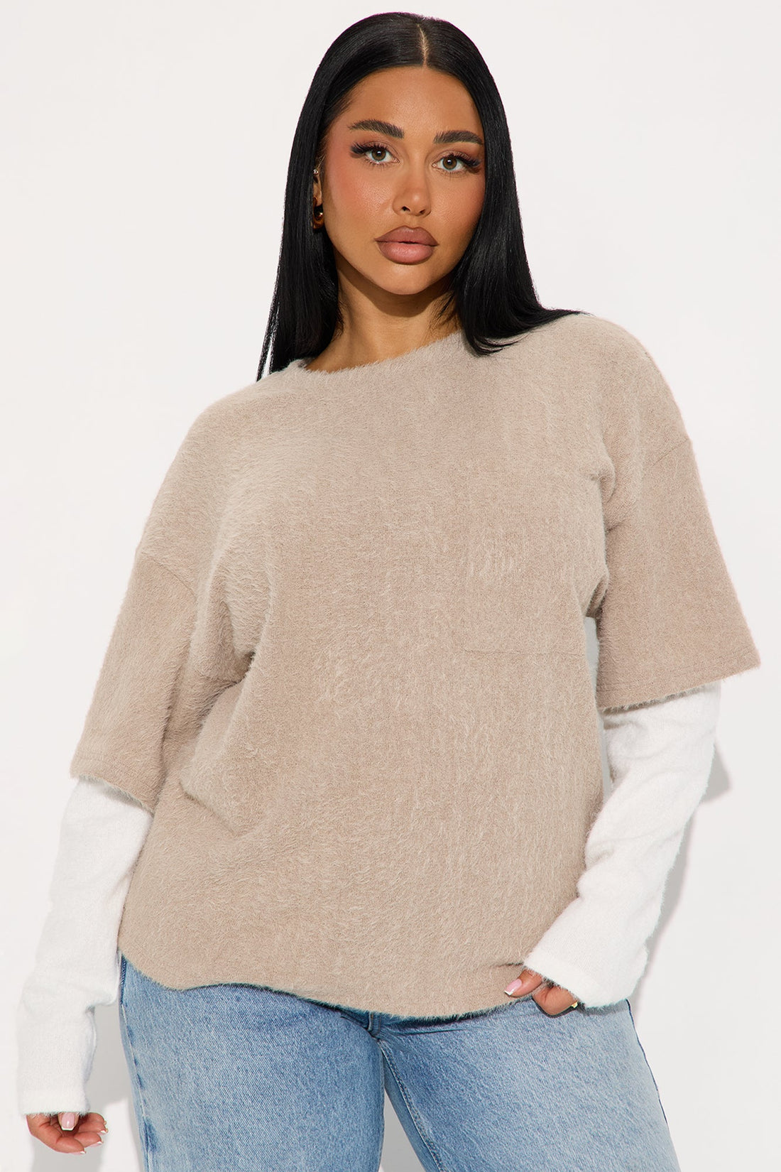 For The Thrill Layered Fuzzy Sweater - Taupe/combo